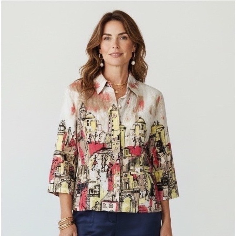 Christopher & Banks Women Art To Wear Cityscape European Colorful 3/4 Sleeve M